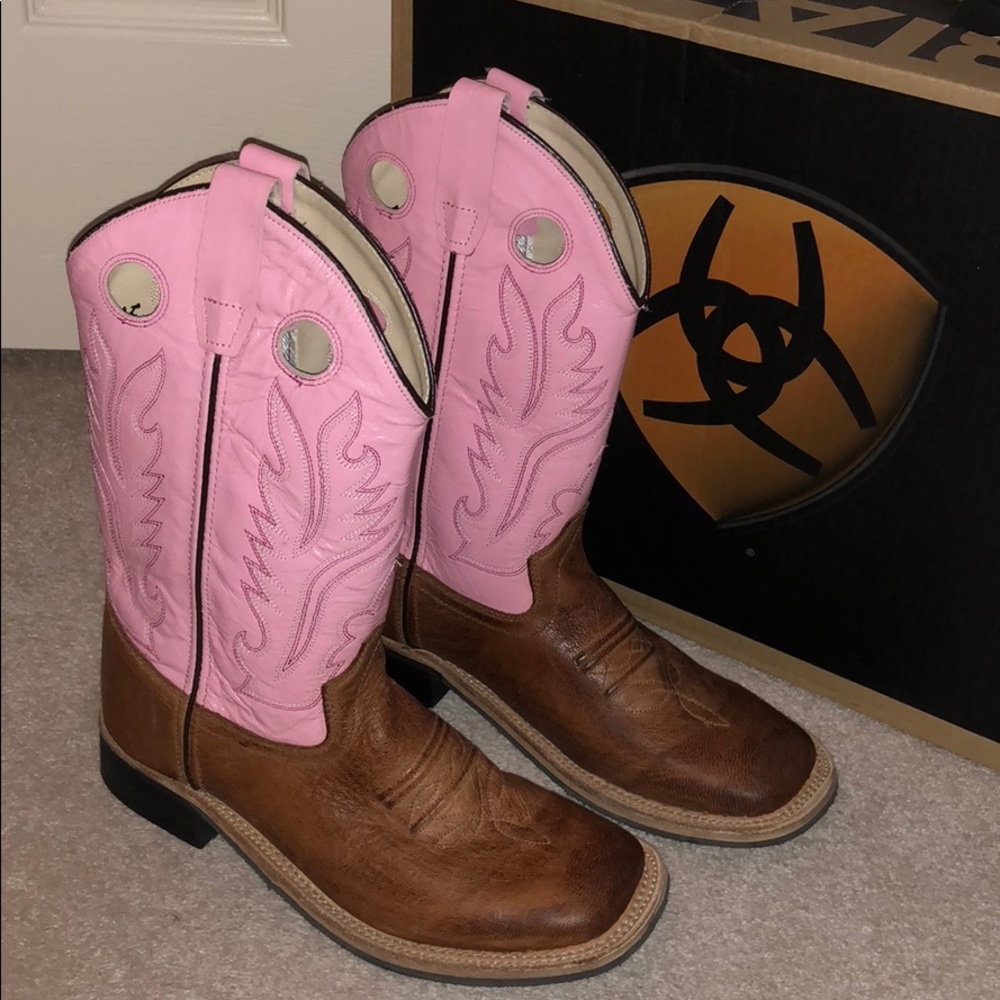 Old West Pink and Brown Square Toe Cowboy Boots